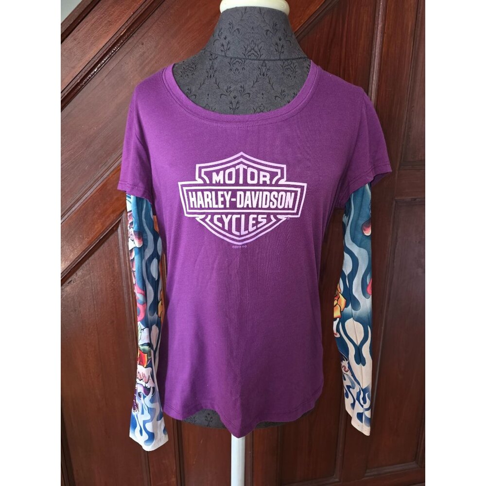 Harley-Davidson Womens Long Sleeve Tattoo Print Shirt L Purple